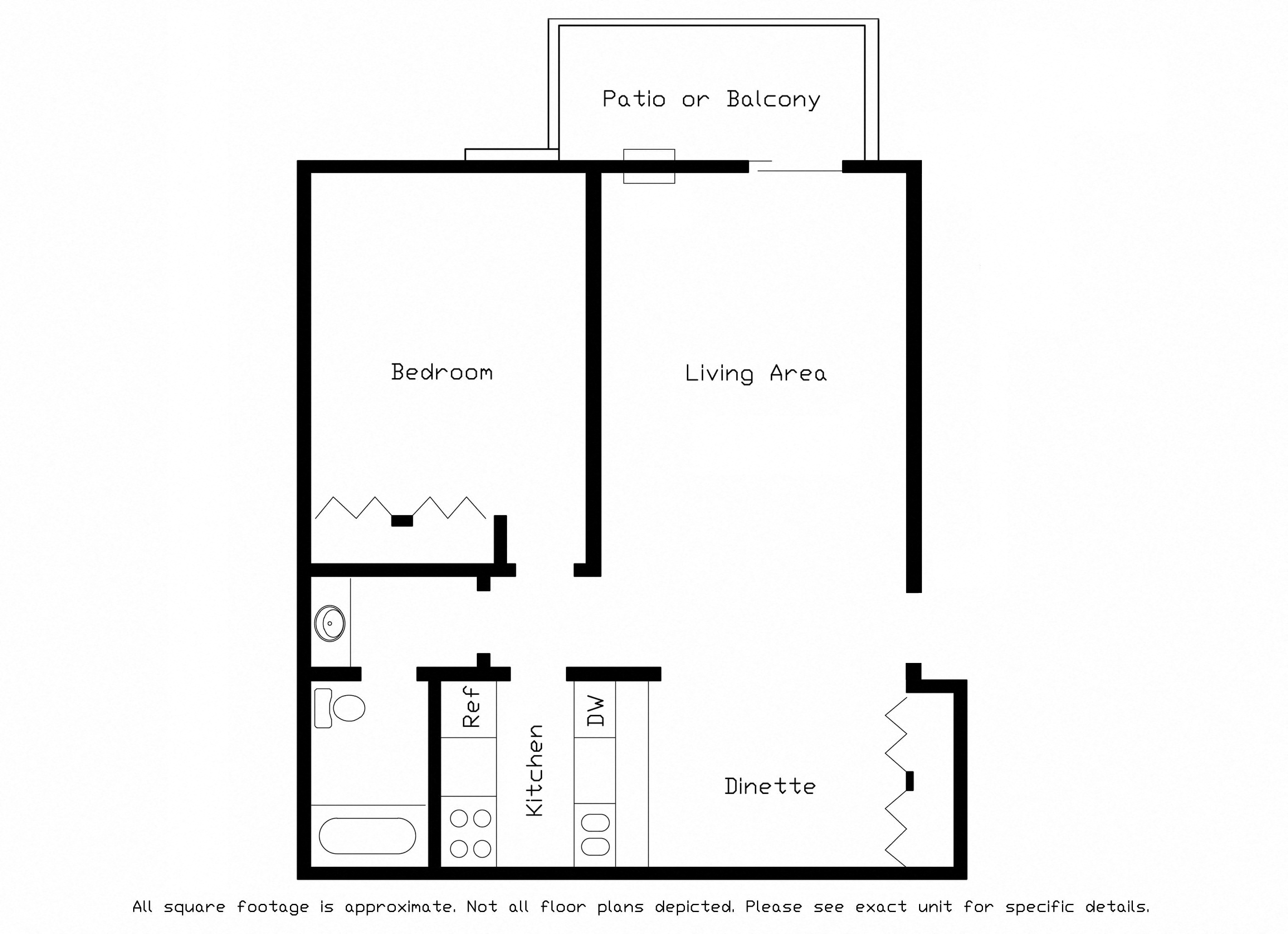 Floor plan for 1 bed, 1 bath, 720 sqft